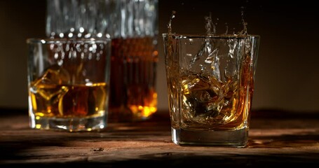 Aufkleber - Super slow motion of falling ice cube into whiskey. Filmed on high speed cinema camera, 1000fps.
