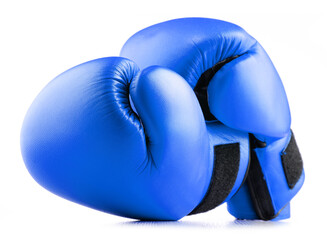 Poster - Pair of blue leather boxing gloves isolated on white