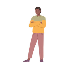Aufkleber - Waiting male character with crossed hands on chest and smile on face. Isolated personage looking aside and standing in comfortable pose. Vector in flat style