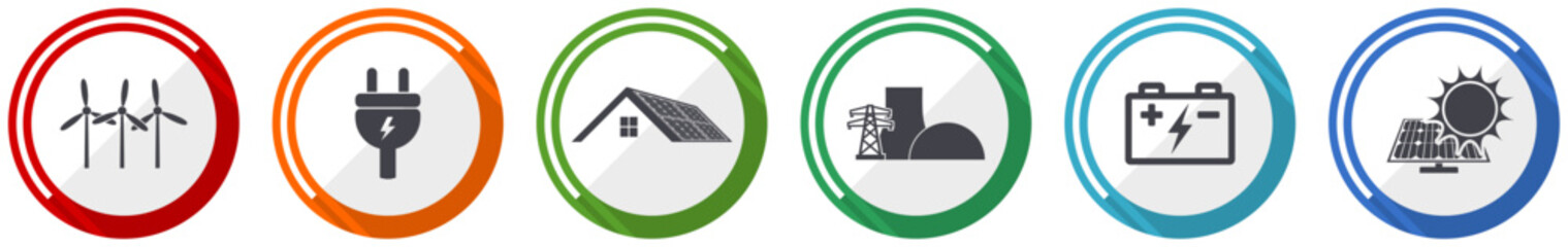 Leinwandbilder - Renewable energy icon set, electricity flat design vector illustration in 6 colors options for webdesign and mobile applications