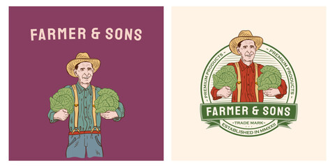 Farmer with cabbage man vitnage logo template