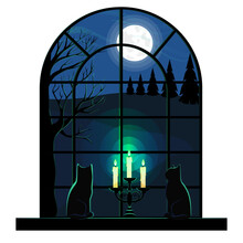 Window View Of The Landscape With Two Black Cats Silhouette On The Windowsill Cartoon Vector Illustration.