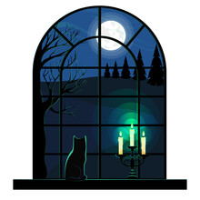 Window View Of The Landscape With Black Cat Silhouette On The Windowsill Cartoon Vector Illustration.