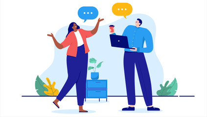 Poster - Work talk - Two people chit-chatting and discussing in office being happy and smiling with speech bubble over heads. Cartoon vector illustration in flat design with white background