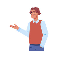 Aufkleber - Worker or businessman showing aside with hand, isolated gesturing man wearing glasses and formal clothes. Presentation or meeting. Vector in flat cartoon style