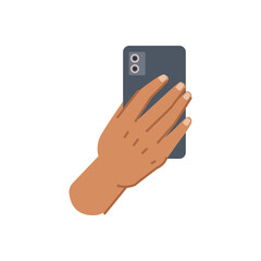 Aufkleber - Arm of personage user holding smartphone with cameras and neural corpus. Isolated hand of character with gadget, electronic device. Vector in flat cartoon style