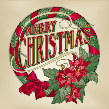 Retro Style Christmas card with lettering saying „Merry Christmas“ and wreath with red poinsettia flowers, ribbon, bow and little bells on a yellowed parchment background.