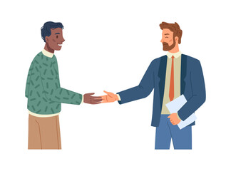 Poster - Boss and employee giving handshake, isolated people greeting or making agreement. Partners or colleagues collaboration. Personage or character, vector in flat cartoon style