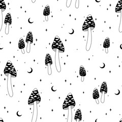 Wall Mural - Seamless pattern with mushrooms, moon and stars. Celestial background. Hand drawn vector illustration. Black and white.