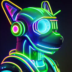 cybernetic dog robot cyberpunk, glowing neon, cyber goggles, droid, toy