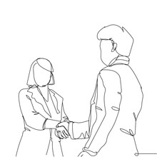 Continuous Line Drawing Of Business People Handshake. Business Colleagues Shaking Hands. Businessmen And Woman Making Handshake With Hand Drawn Single Line Illustration Vector