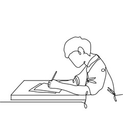 Continuous line drawing of a man sitting at a table who is writing something. Hand drawn single line vector illustration