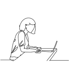 Wall Mural - Continuous line drawing of girl studying in front of a laptop do coursework on white background. Hand drawn single line vector illustration