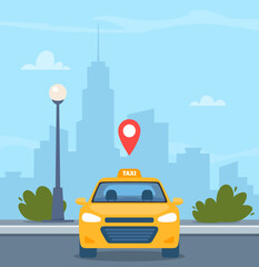 Poster - Yellow Taxi Car, front view, on city landscape background. Geotag gps location pin symbol under taxi car. Vector illustration for web application get taxi.