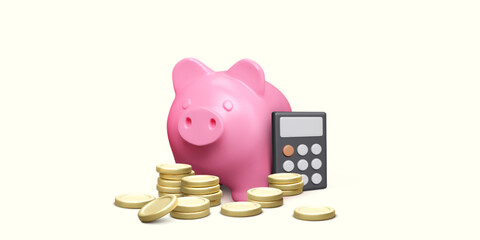 Wall Mural - Piggy bank with calculator and stacks of gold coins. Money savings and finance expense management. Income tax or deposit bank account concept