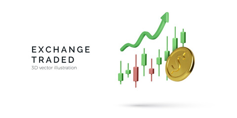 Poster - Candlestick chart with 3D arrow up and gold coin. Stock exchange trade. Business banner for mobile app or online trading platform