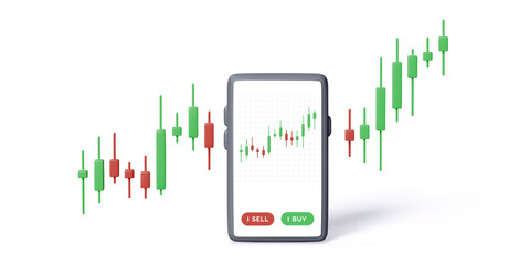 Wall Mural - Stock exchange smartphone app with candlestick chart info shown on screen. Mobile app for trade online