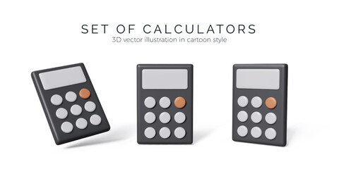 Poster - Calculator set. Office calculator in black colors with different views. 3D realistic calculator in cartoon style for business illustration