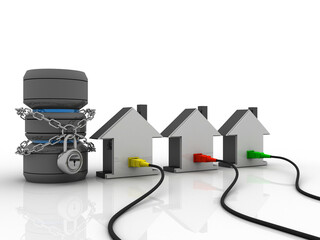 Poster - 3d rendering Network connection, internet communication and computer technology concept, closeup view of curved ethernet cable plug connector connected house near database lock