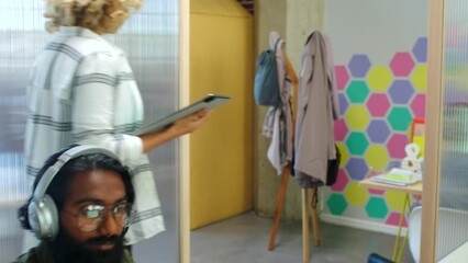 Poster - Ceo, woman walking and training employees with tablet while checking, helping or performance review. Boss, manager or management coaching workers making sure they reach goal, target or finish project