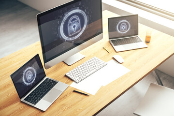 Poster - Creative idea concept with lock symbol and microcircuit illustration on modern laptop screen. Protection and firewall concept. 3D Rendering
