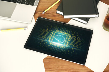 Poster - Creative artificial Intelligence concept with human brain hologram on modern digital tablet screen. Top view. 3D Rendering