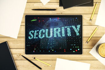 Poster - Cyber security creative concept on modern digital tablet monitor. Top view. 3D Rendering
