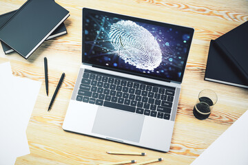 Aufkleber - Abstract creative fingerprint illustration on modern laptop monitor, digital access concept. 3D Rendering