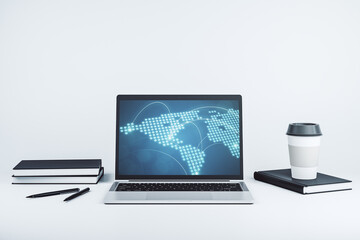 Poster - Abstract creative world map with connections on modern laptop screen, international trading concept. 3D Rendering