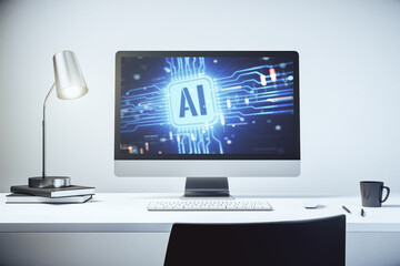Aufkleber - Modern computer monitor with creative artificial Intelligence icon. Neural networks and machine learning concept. 3D Rendering
