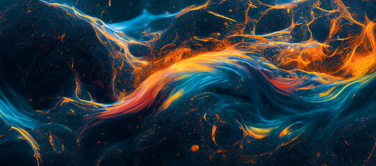 spectacular image of blue and orange liquid ink churning together, with a realistic texture and grea