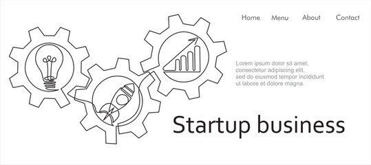 Poster - Continuous line drawing of lights bulb, rocket launch, ship and graph going up inside gears. Continuous line drawing. Startup business. Vector illustration. Isolated on white background.