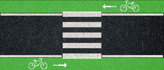 asphalt
road with pedestrian crossing white lines and green way for bicycle. Banner design