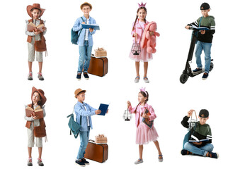 Poster - Set of cute little adventurers with books on white background