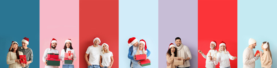 Canvas Print - Set of happy couples celebrating Christmas and New Year on color background