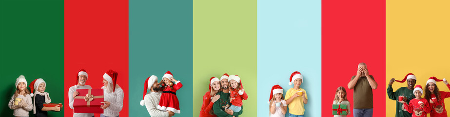 Wall Mural - Set of happy family members celebrating Christmas and New Year on color background