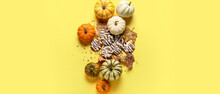 Halloween Cookies,  Pumpkins And Autumn Leaves On Yellow Background, Top View