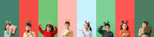 Set Of Happy Children With Reindeer Horns On Colorful Background