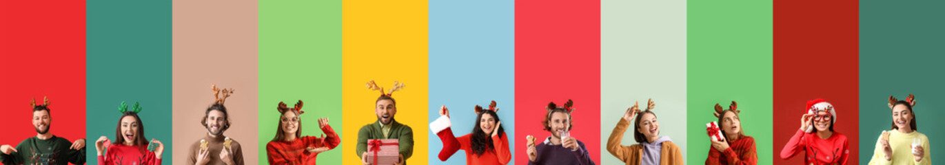 Wall Mural - Set of happy people with reindeer horns on colorful background
