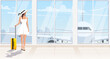 Woman in white dress and hat inside airport terminal. Lady passenger with yellow luggage waiting departure in hall, interior. Aircraft, airplane outside big window. Banner, poster. Vector illustration