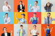 Collage of electricians and people with light bulbs on color background