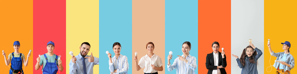 Group of electricians and people with light bulbs on color background