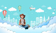 Cute little adventurer with books sitting on clouds in sky
