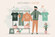 Fashion man chooses t-shirt made from recycled material. Guy buys sweater in eco-friendly store. Hanger with various ethical clothes. Concept of sustainable fashion and green technologies.