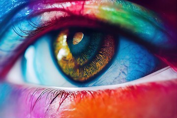 Close up of female eye with bright multicolored eye. Abstract picture of The Eye. Colorful colors. Holi Festival.