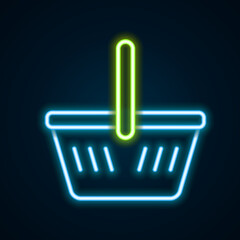 Poster - Glowing neon line Shopping basket icon isolated on black background. Online buying concept. Delivery service sign. Shopping cart symbol. Colorful outline concept. Vector