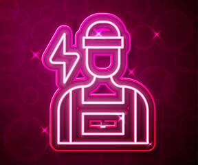 Poster - Glowing neon line Electrician technician engineer icon isolated on red background. Vector