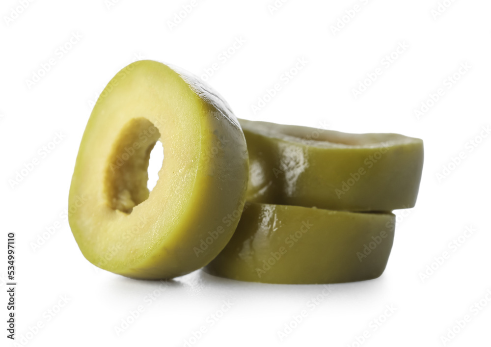 Slices of green olives isolated on white background