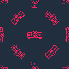 Sticker - Red line Presentation, movie, film, media projector icon isolated seamless pattern on black background. Vector