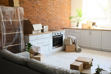 Wall Mural - Cardboard boxes in modern kitchen on moving day